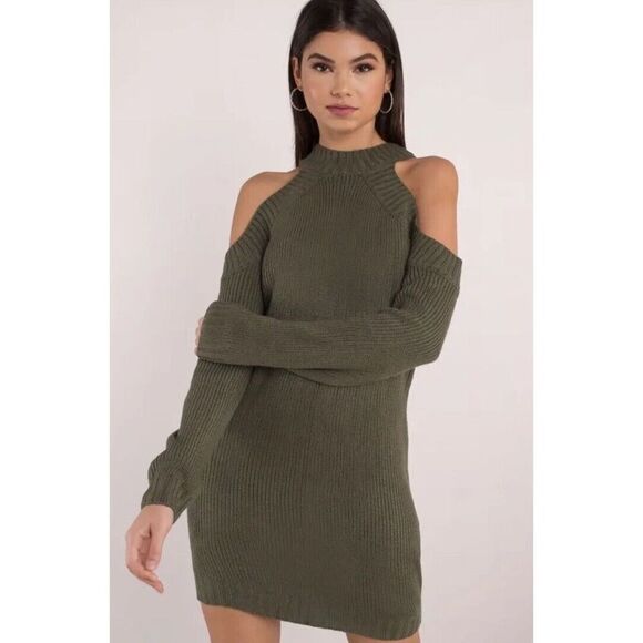 Say What Sweater Knit Dress Woman 2X Army Green Pullover Cold Shoulder Dress NWT - Picture 1 of 15